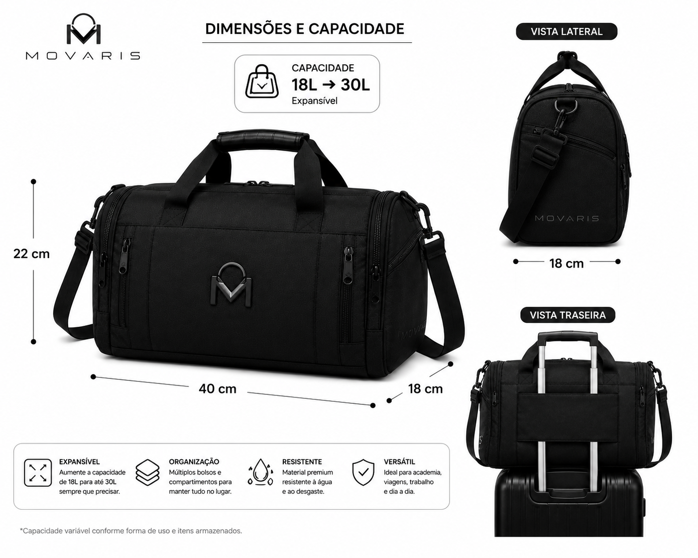 Bolsa Movaris Expansível Academia e Viagens